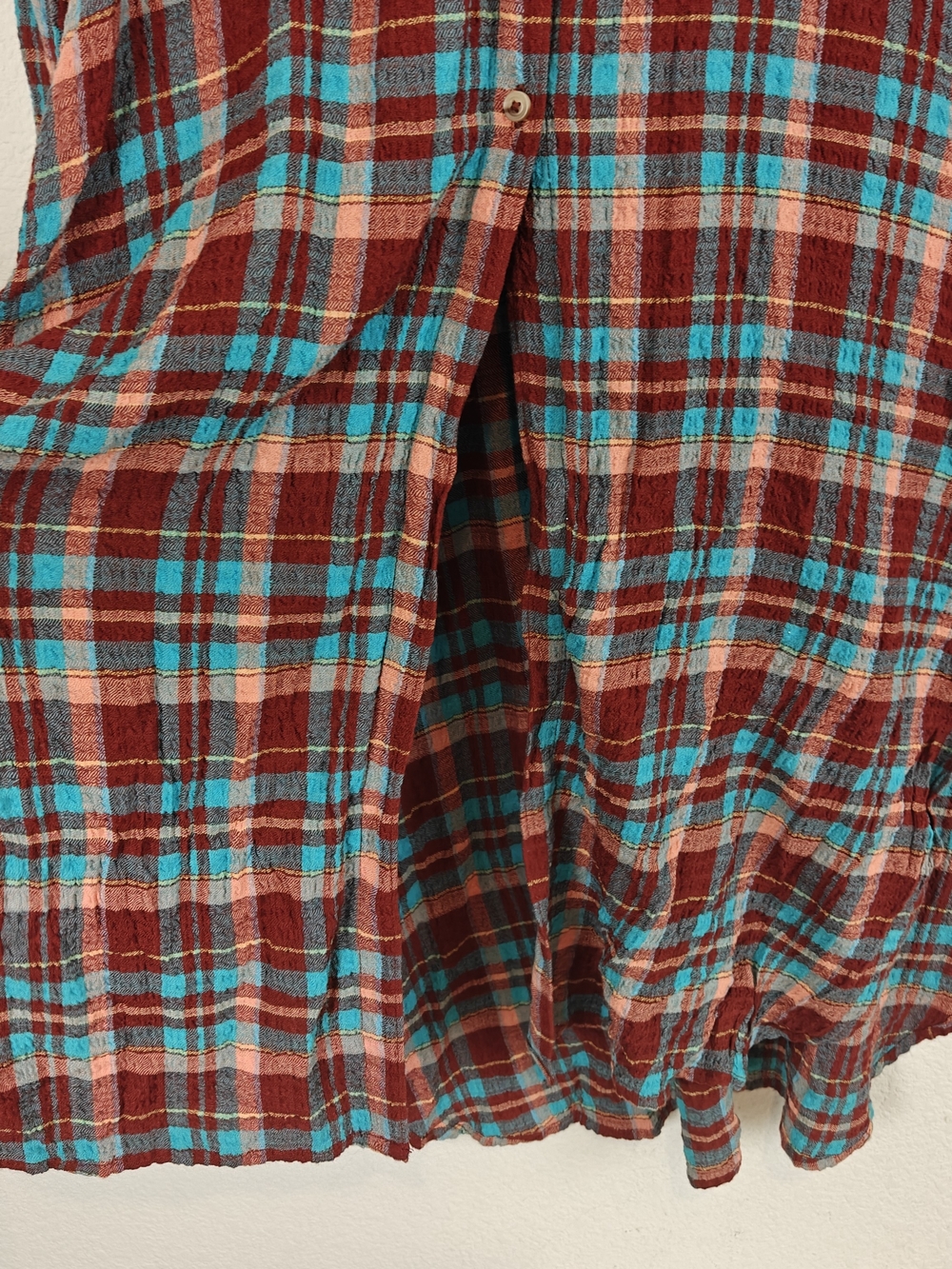 Pilcro Long Plaid Button-Down Shirt Dress in Burgundy and Teal - Picture 6 of 16